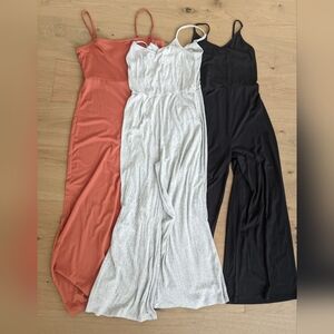 Bundle Solid Ribbed Jumpsuit Rompers - Black, Light Gray, Terracotta Sz S